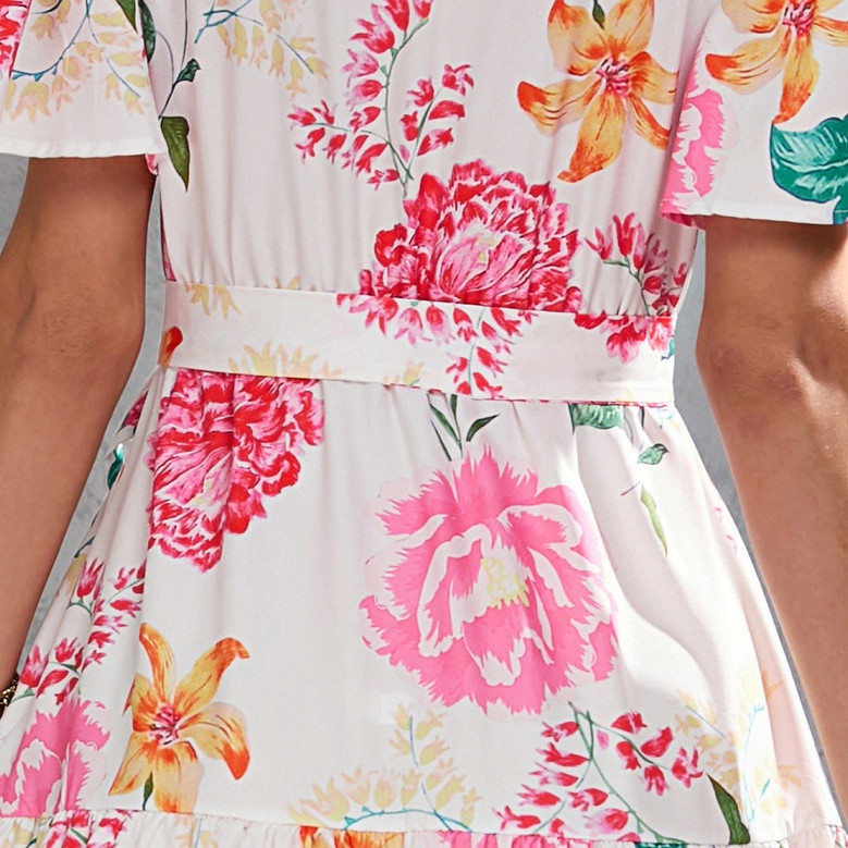 Summer New Plus Size Floral Batch Printing V-Neck Tie-Waist Ruffle Shirring Swing Stylish Retro Midi Dress(With Belt)