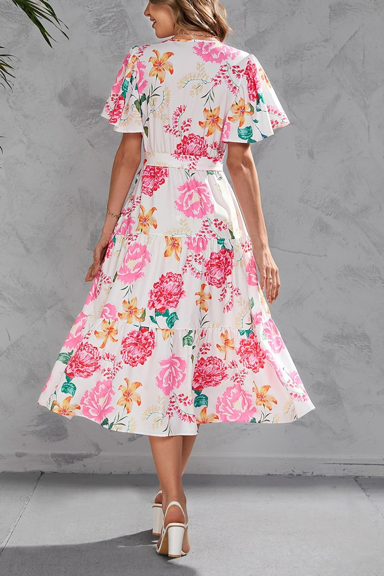 Summer New Plus Size Floral Batch Printing V-Neck Tie-Waist Ruffle Shirring Swing Stylish Retro Midi Dress(With Belt)