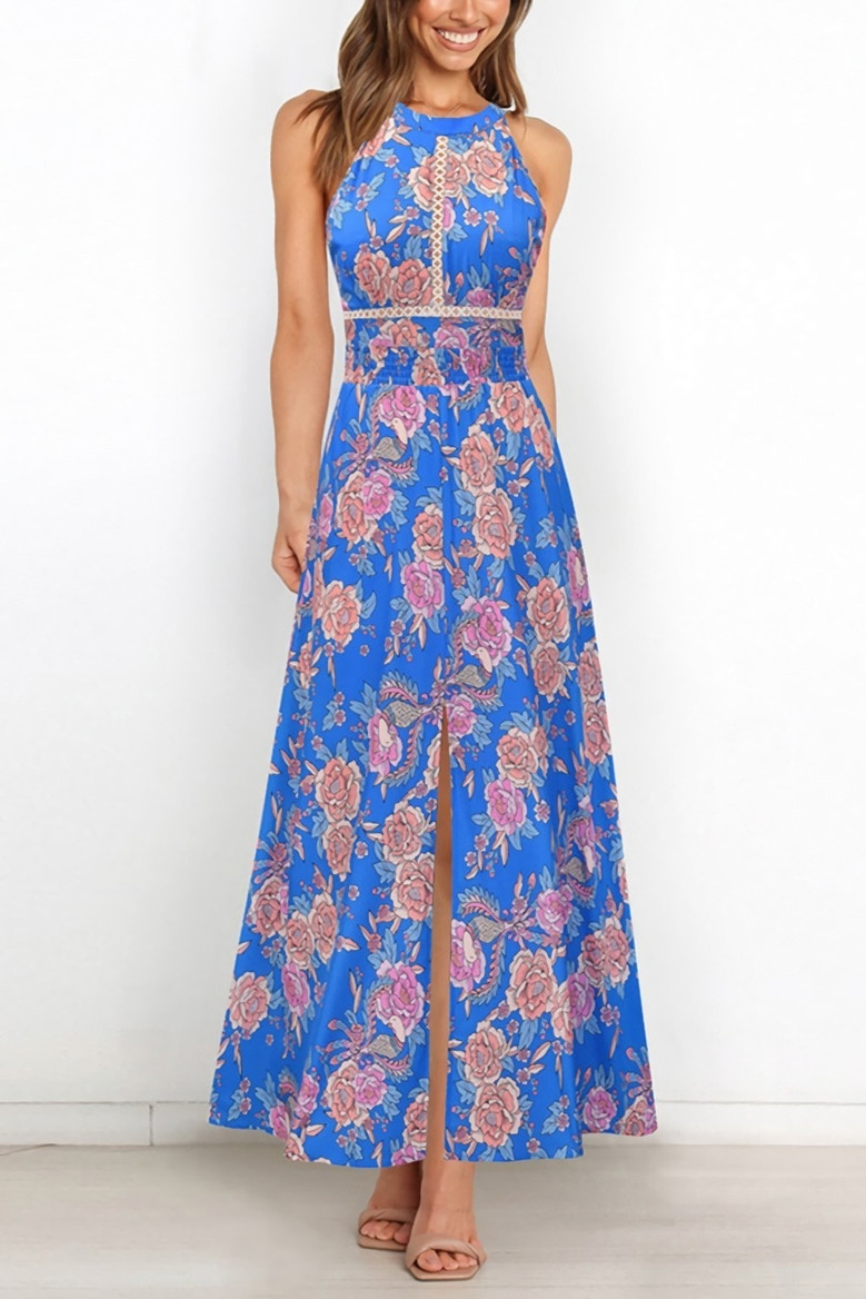 Summer New Plus Size Flower Batch Printing Inelastic Halter Neck Backless Lace-Up Split Fashion Sexy Maxi Dress