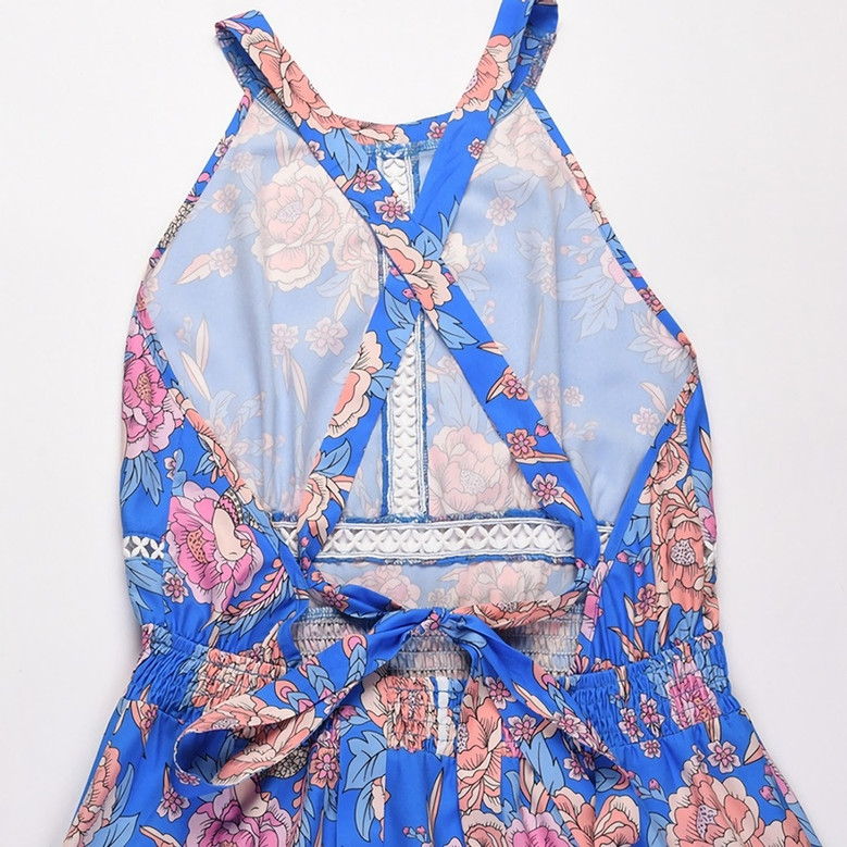 Summer New Plus Size Flower Batch Printing Inelastic Halter Neck Backless Lace-Up Split Fashion Sexy Maxi Dress