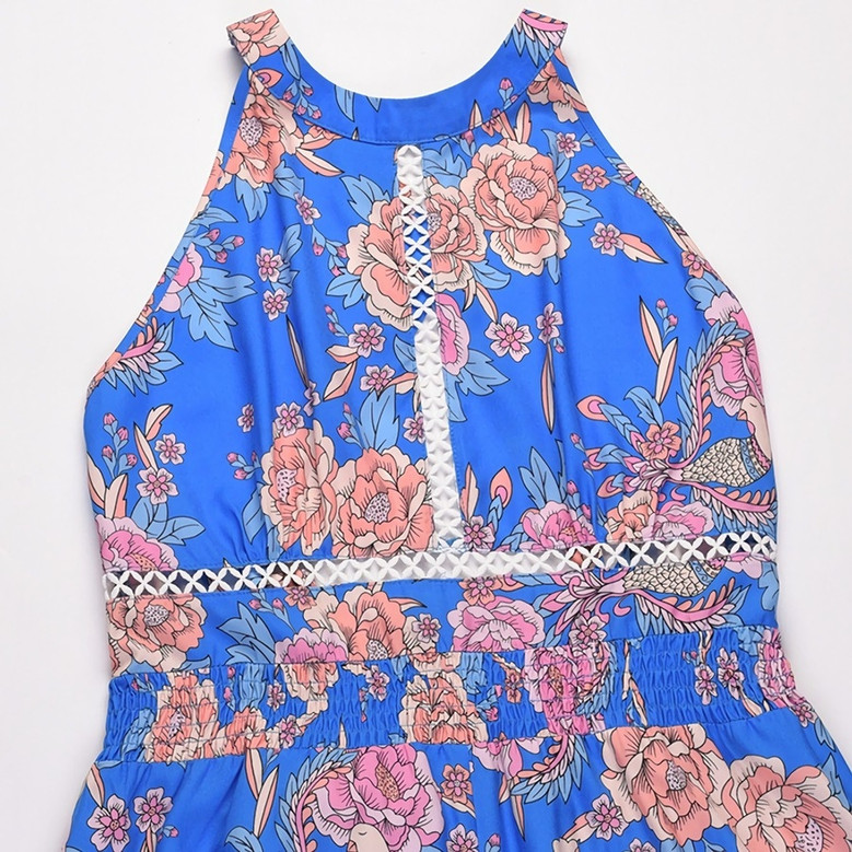 Summer New Plus Size Flower Batch Printing Inelastic Halter Neck Backless Lace-Up Split Fashion Sexy Maxi Dress