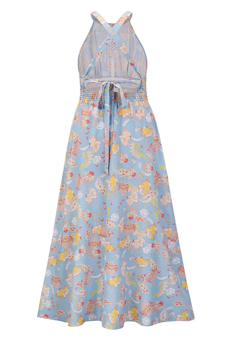 Summer New Plus Size Flower Batch Printing Inelastic Halter Neck Backless Lace-Up Split Stylish Sexy Maxi Dress