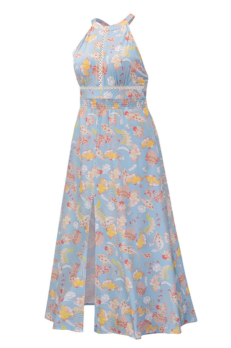 Summer New Plus Size Flower Batch Printing Inelastic Halter Neck Backless Lace-Up Split Stylish Sexy Maxi Dress