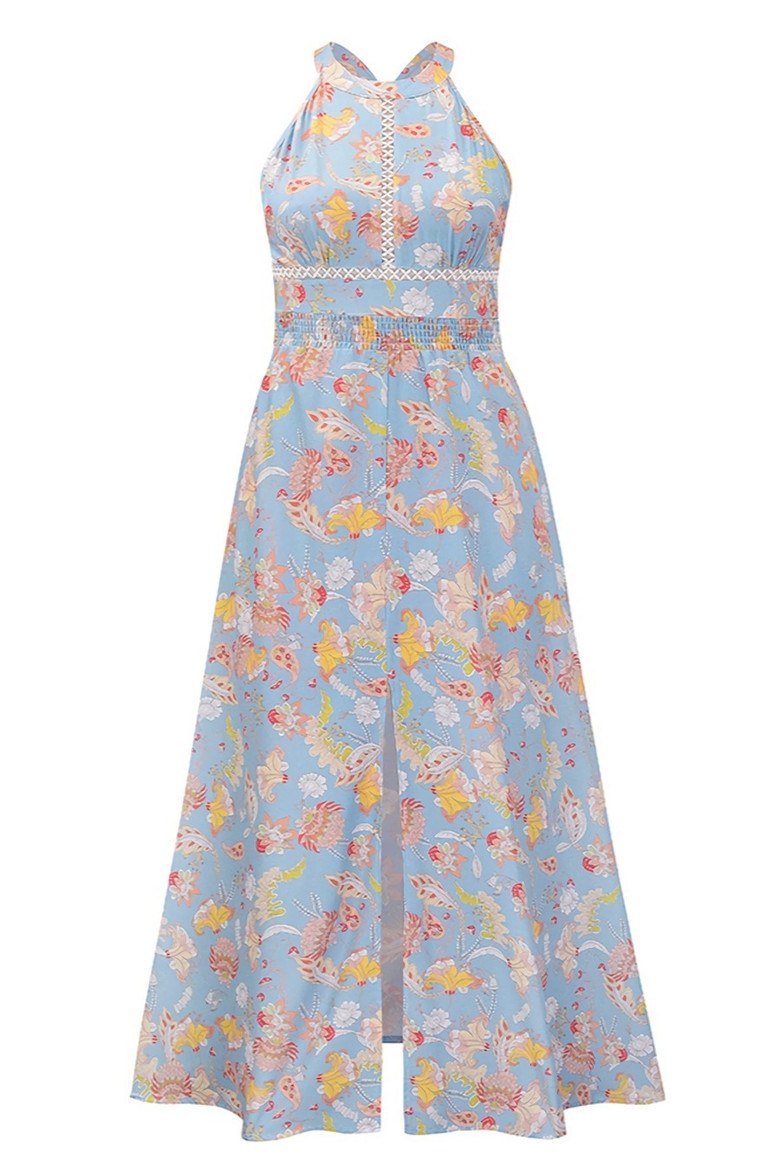 Summer New Plus Size Flower Batch Printing Inelastic Halter Neck Backless Lace-Up Split Stylish Sexy Maxi Dress