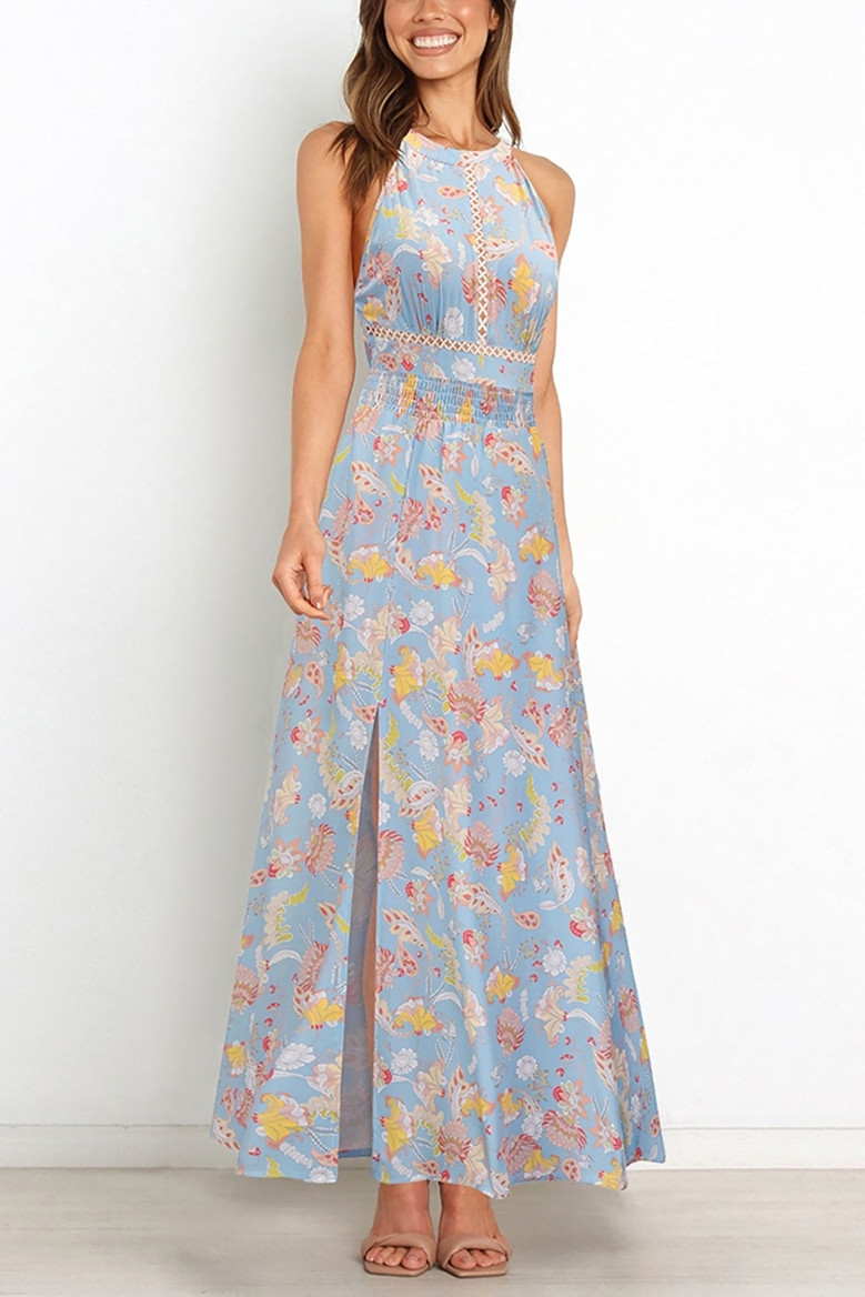 Summer New Plus Size Flower Batch Printing Inelastic Halter Neck Backless Lace-Up Split Stylish Sexy Maxi Dress