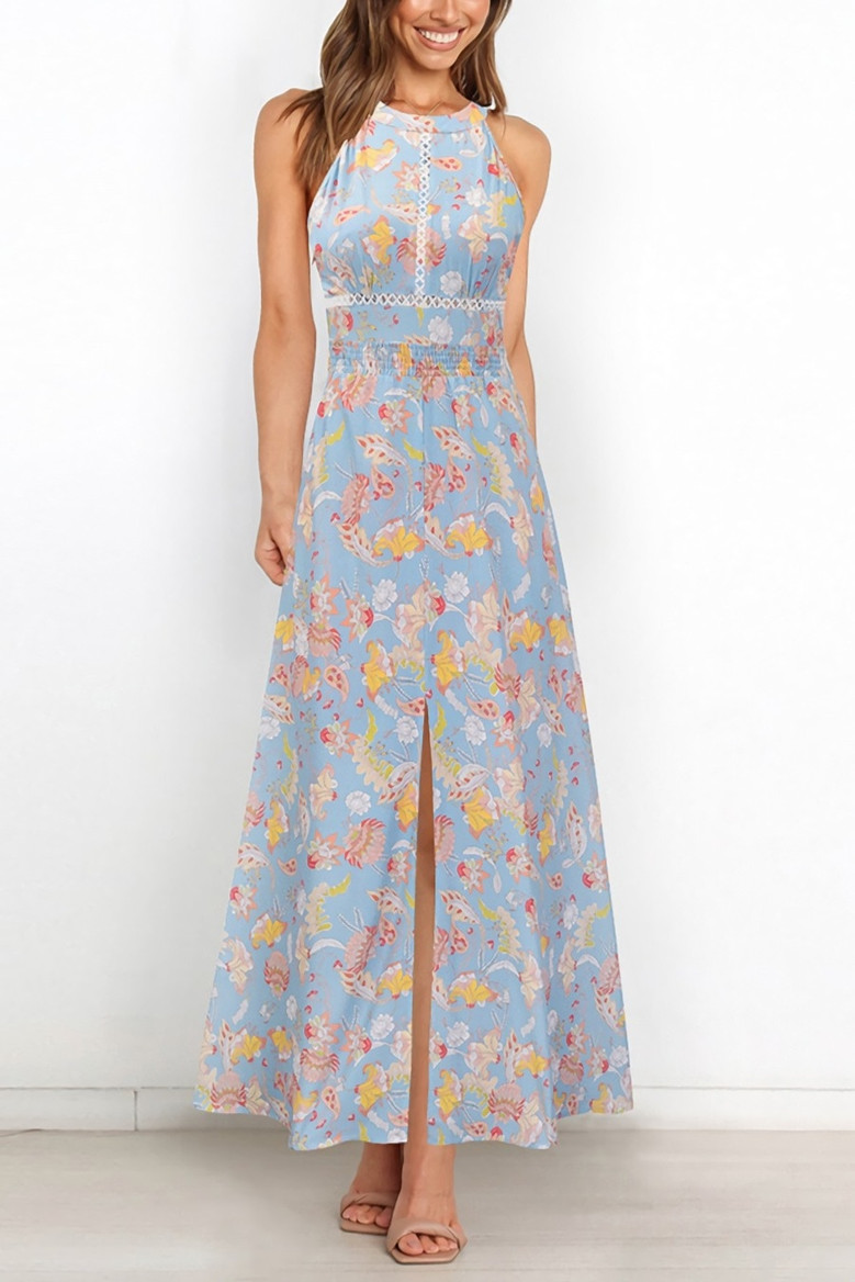 Summer New Plus Size Flower Batch Printing Inelastic Halter Neck Backless Lace-Up Split Stylish Sexy Maxi Dress