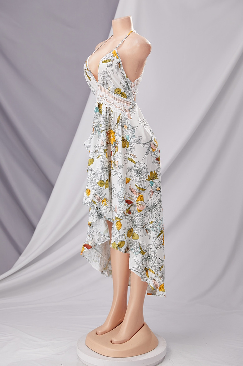 Summer New Plus Size Flower Batch Printing Inelastic Lace Deep V Neck Backless Lace-Up Irregular Sling Sexy Maxi Dress