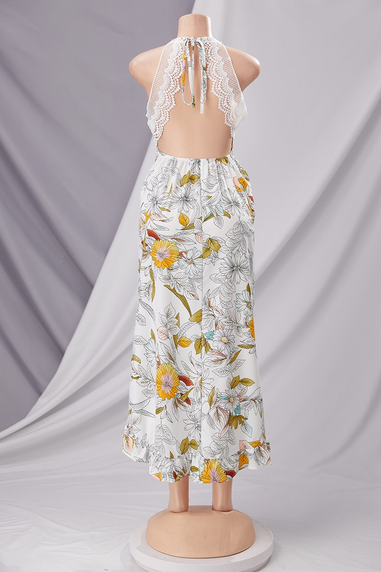 Summer New Plus Size Flower Batch Printing Inelastic Lace Deep V Neck Backless Lace-Up Irregular Sling Sexy Maxi Dress