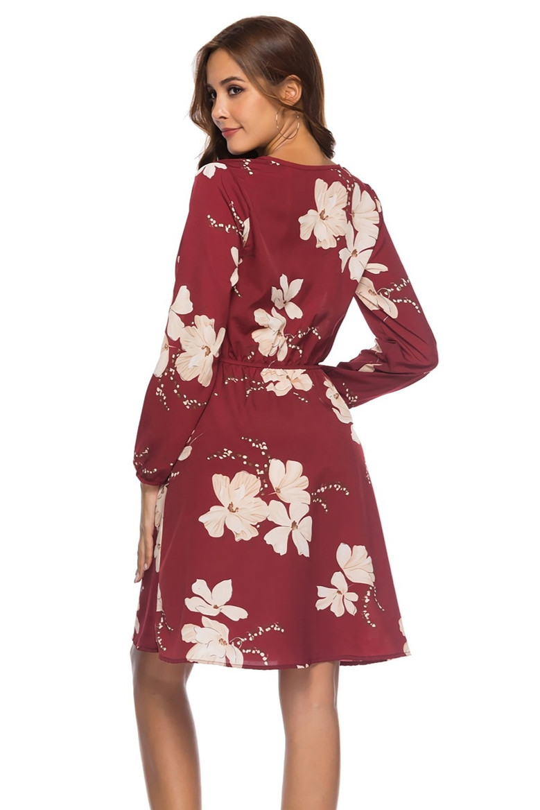 Summer New Plus Size Flower Batch Printing Inelastic V-Neck Shirring Long Sleeves Waist Stylish Casual Mini Dress