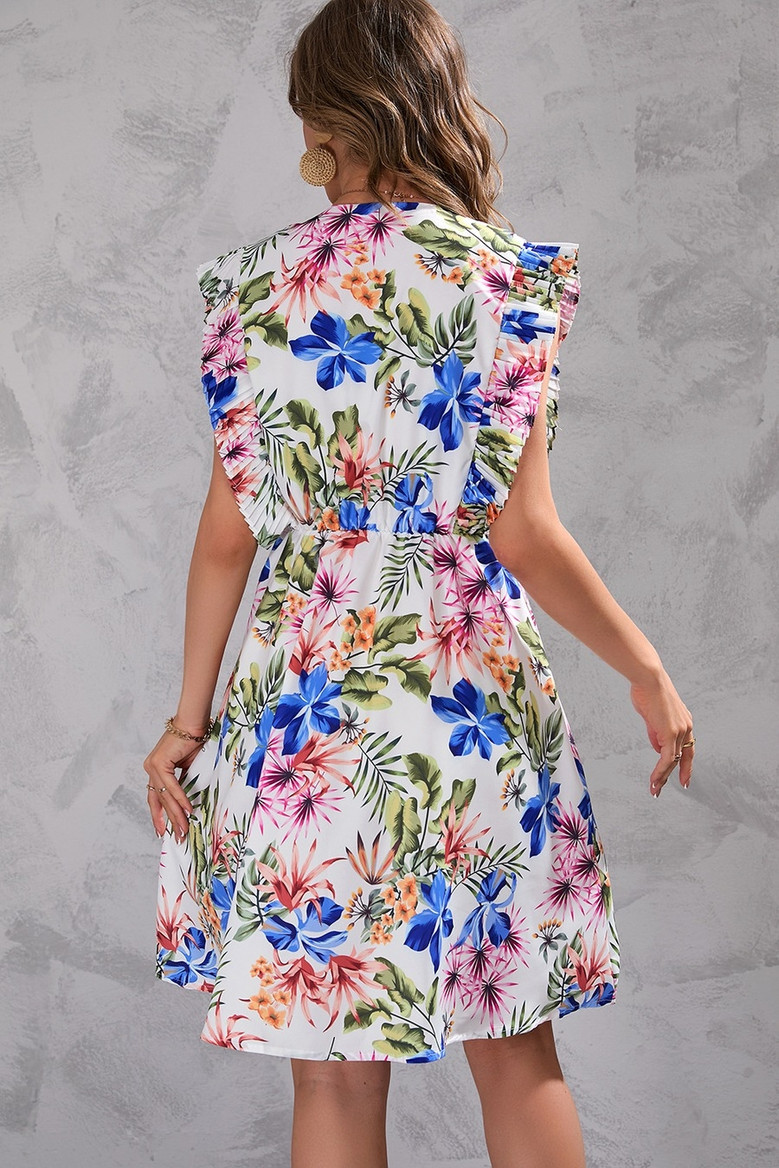 Summer New Plus Size Flower & Leaf Batch Printing Inelastic V-Neck Ruffle Sleeveless Casual Mini Dress
