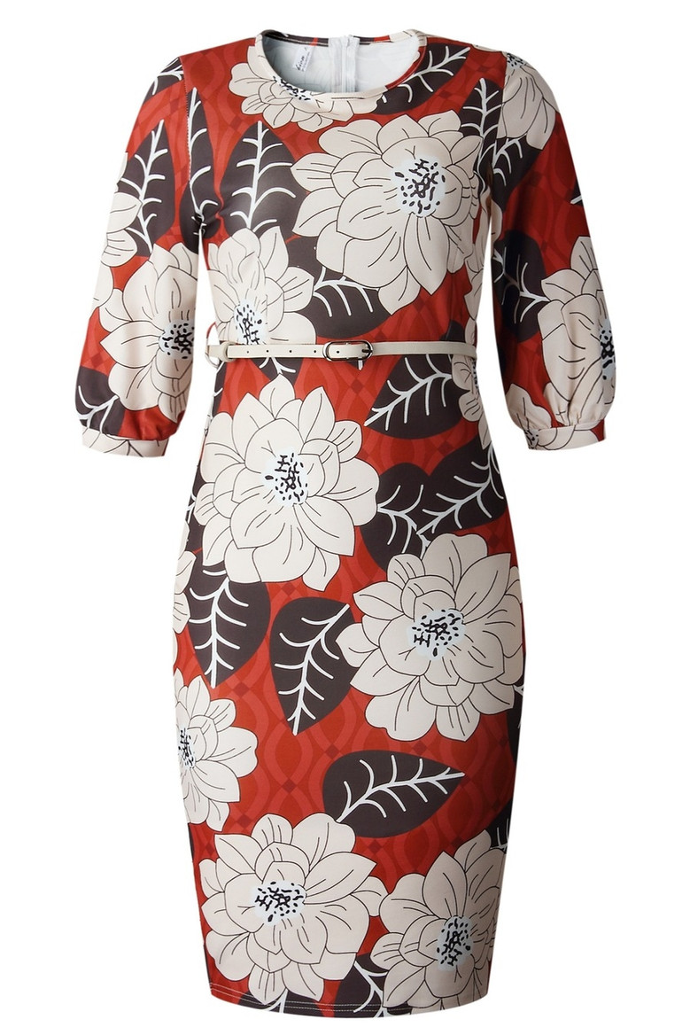 Summer New Plus Size Flower & Leaf Batch Printing Stretch Back Zip-Up Split Casual Midi Dress(With Belt)