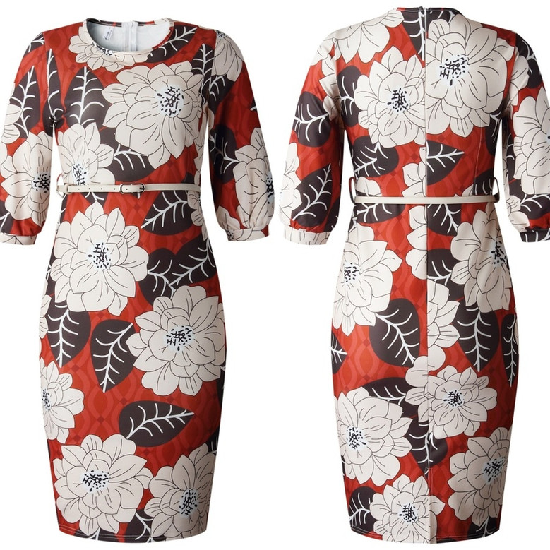 Summer New Plus Size Flower & Leaf Batch Printing Stretch Back Zip-Up Split Casual Midi Dress(With Belt)
