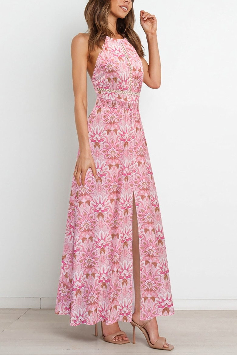 Summer New Plus Size Inelastic Batch Printing Halter Neck Backless Lace-Up Split Stylish Sexy Maxi Dress