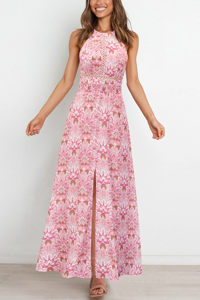 Summer New Plus Size Inelastic Batch Printing Halter Neck Backless Lace-Up Split Stylish Sexy Maxi Dress