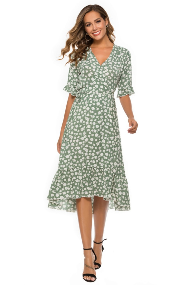 Summer New Plus Size Inelastic Floral Batch Printing V-Neck Elbow Sleeves Ruffle Lace-Up Split Casual Midi Dress