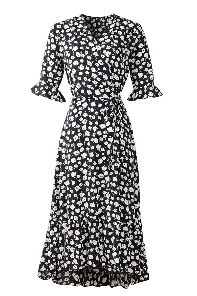 Summer New Plus Size Inelastic Floral Batch Printing V-Neck Elbow Sleeves Ruffle Lace-Up Split Casual Midi Dress