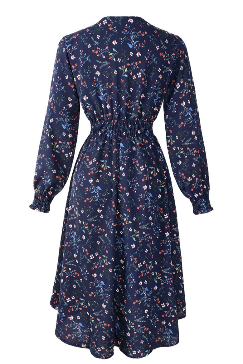 Summer New Plus Size Inelastic Floral Batch Printing V-Neck Long Sleeves Stylish Casual Midi Dress