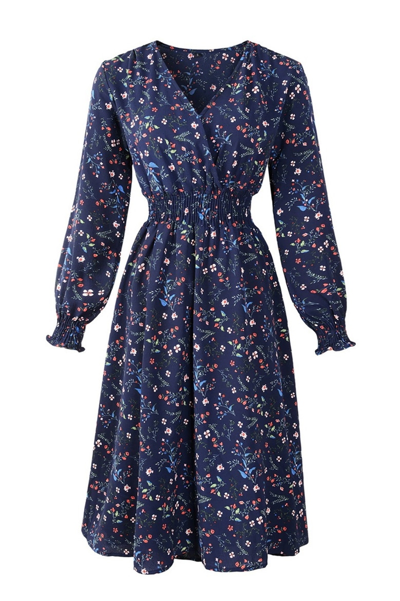 Summer New Plus Size Inelastic Floral Batch Printing V-Neck Long Sleeves Stylish Casual Midi Dress