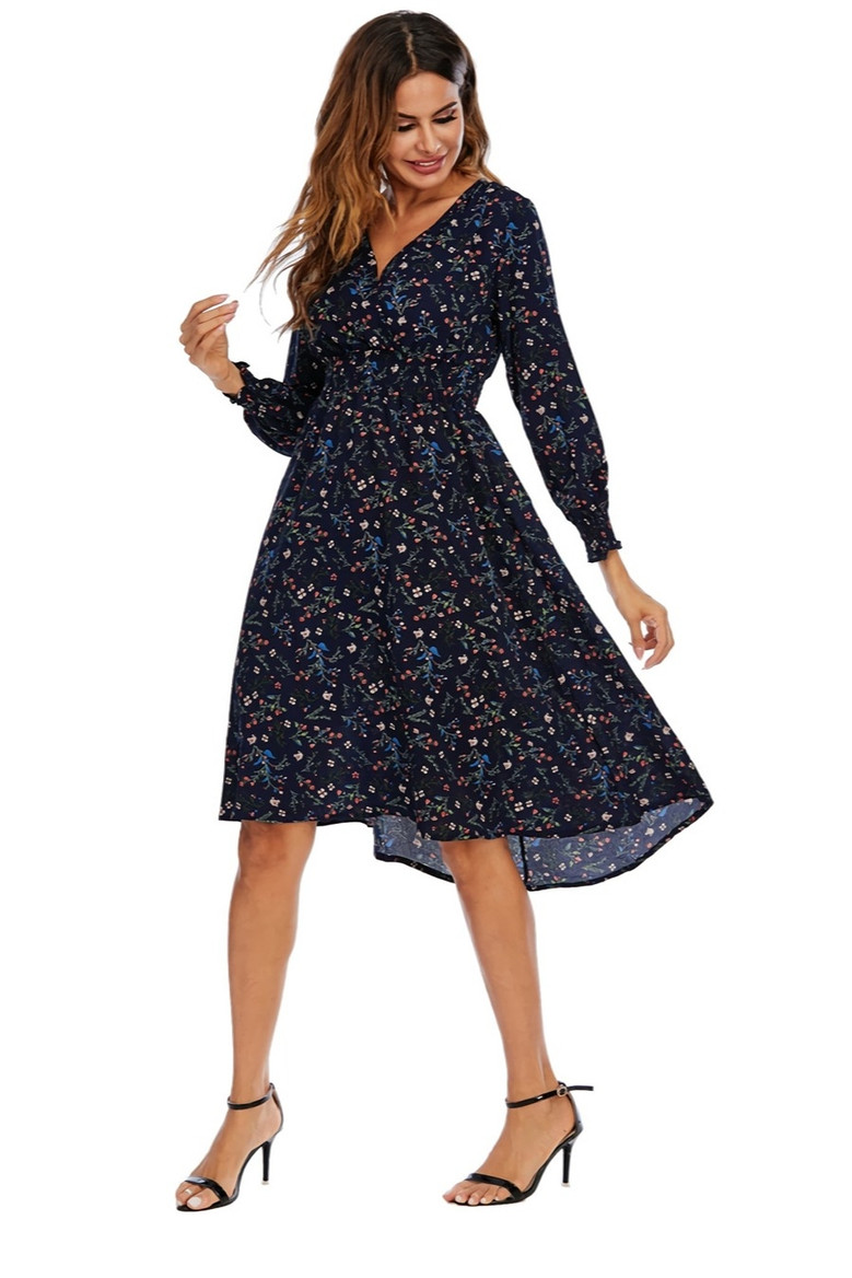 Summer New Plus Size Inelastic Floral Batch Printing V-Neck Long Sleeves Stylish Casual Midi Dress