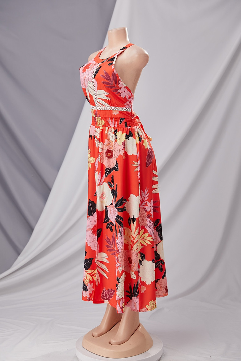 Summer New Plus Size Inelastic Flower And Leaves Batch Printing Halter Neck Backless Lace-Up Split Stylish Sexy Maxi Dress