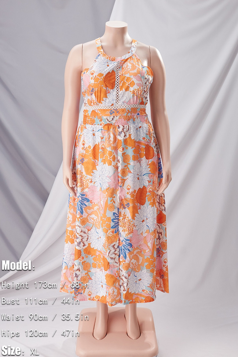 Summer New Plus Size Inelastic Flower Batch Printing Halter Neck Backless Lace-Up Split Stylish Sexy Maxi Dress
