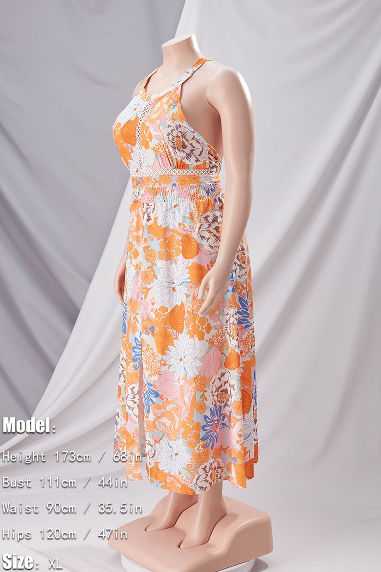Summer New Plus Size Inelastic Flower Batch Printing Halter Neck Backless Lace-Up Split Stylish Sexy Maxi Dress