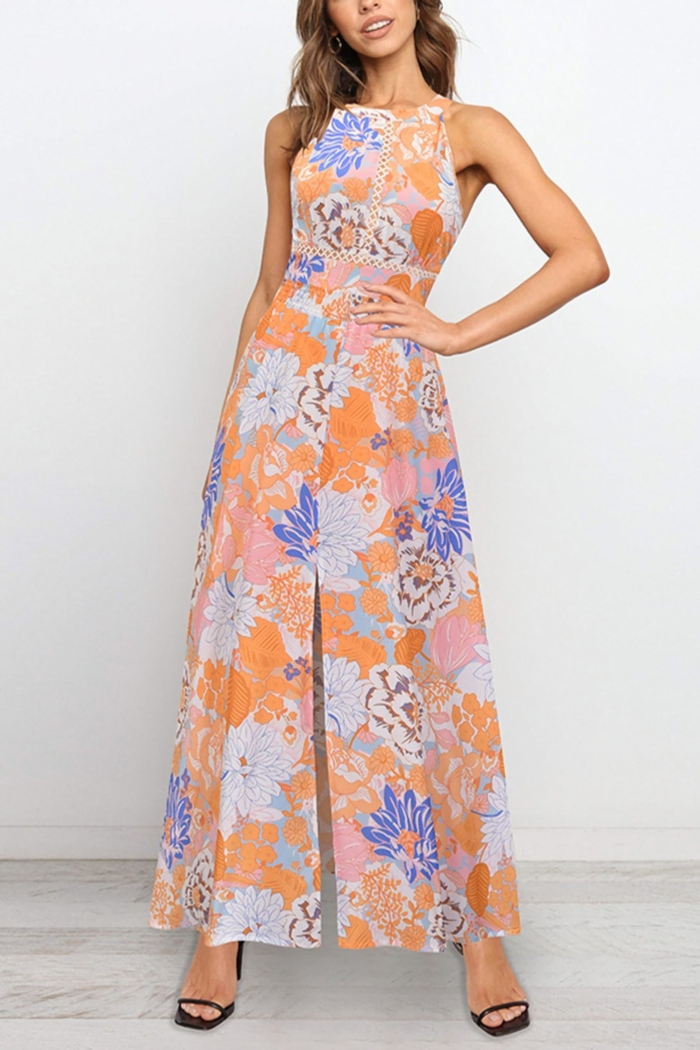 Summer New Plus Size Inelastic Flower Batch Printing Halter Neck Backless Lace-Up Split Stylish Sexy Maxi Dress