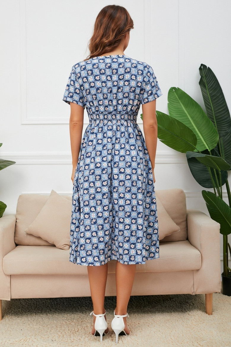 Summer New Plus Size Inelastic Flower Batch Printing V-Neck Short Sleeves Casual Midi Dress