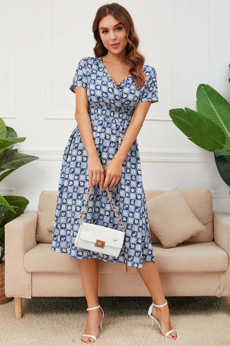 Summer New Plus Size Inelastic Flower Batch Printing V-Neck Short Sleeves Casual Midi Dress