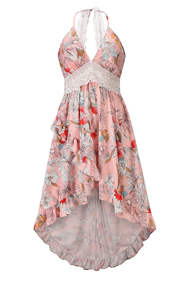 Summer New Plus Size Inelastic Lace Flower Batch Printing Deep V Neck Backless Lace-Up Irregular Sling Sexy Maxi Dress