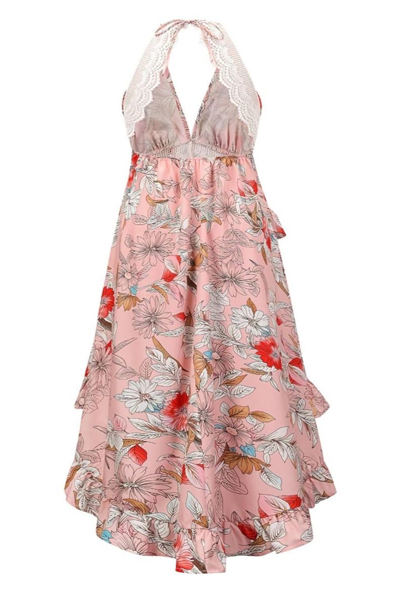 Summer New Plus Size Inelastic Lace Flower Batch Printing Deep V Neck Backless Lace-Up Irregular Sling Sexy Maxi Dress