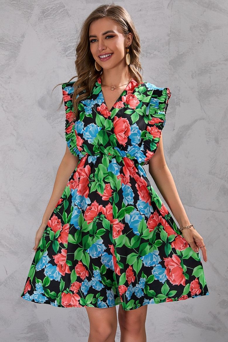 Summer New Plus Size Inelastic Leaf & Flower Batch Printing Ruffle V-Neck Sleeveless Casual Mini Dress Floral Dresses