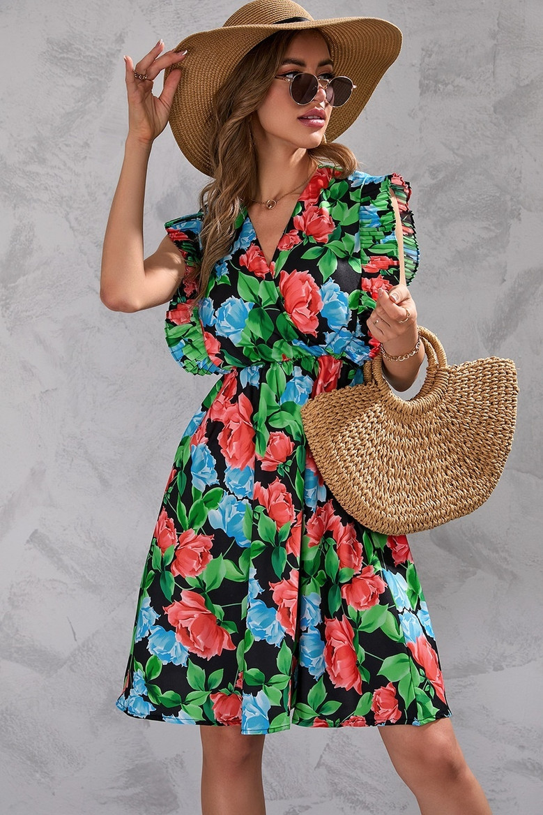 Summer New Plus Size Inelastic Leaf & Flower Batch Printing Ruffle V-Neck Sleeveless Casual Mini Dress Floral Dresses