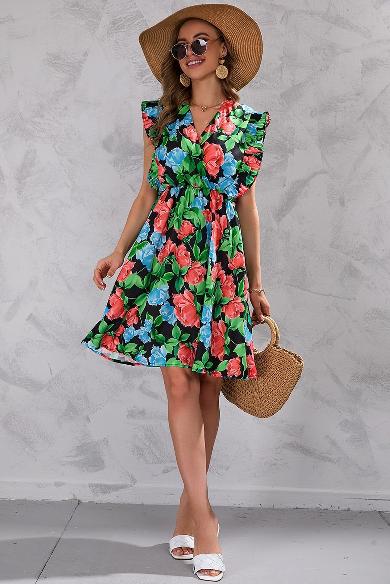 Summer New Plus Size Inelastic Leaf & Flower Batch Printing Ruffle V-Neck Sleeveless Casual Mini Dress Floral Dresses
