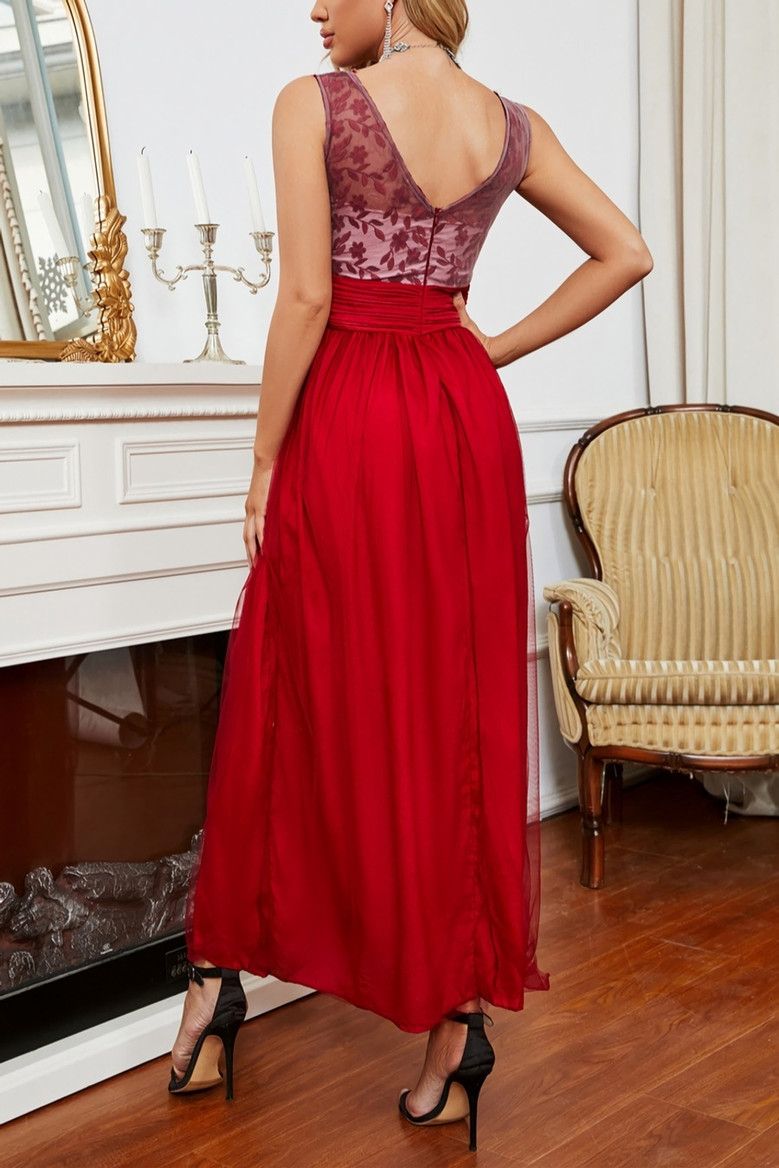 Summer New See Through Mesh Flower Embroidered Double-Layer Patchwork Micro-Elastic Backless Elegant Maxi Dress Elegant&Ol Dresses