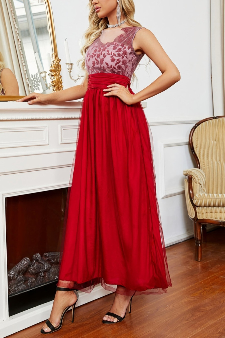 Summer New See Through Mesh Flower Embroidered Double-Layer Patchwork Micro-Elastic Backless Elegant Maxi Dress Elegant&Ol Dresses