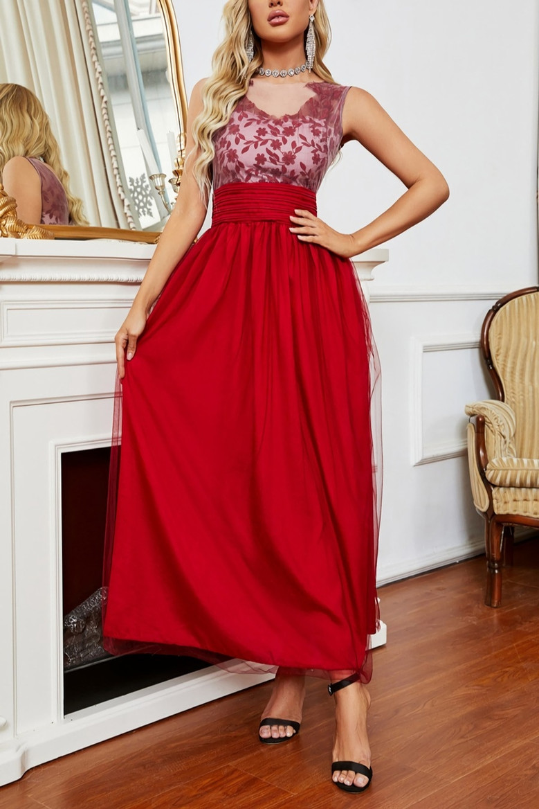 Summer New See Through Mesh Flower Embroidered Double-Layer Patchwork Micro-Elastic Backless Elegant Maxi Dress Elegant&Ol Dresses