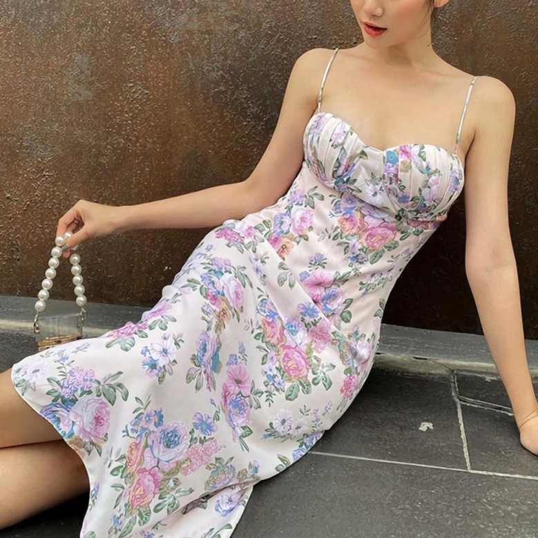 Summer New Sling Flower Batch Printing Zip-Up Pleated Slim Micro-Elastic Sexy Midi Dress