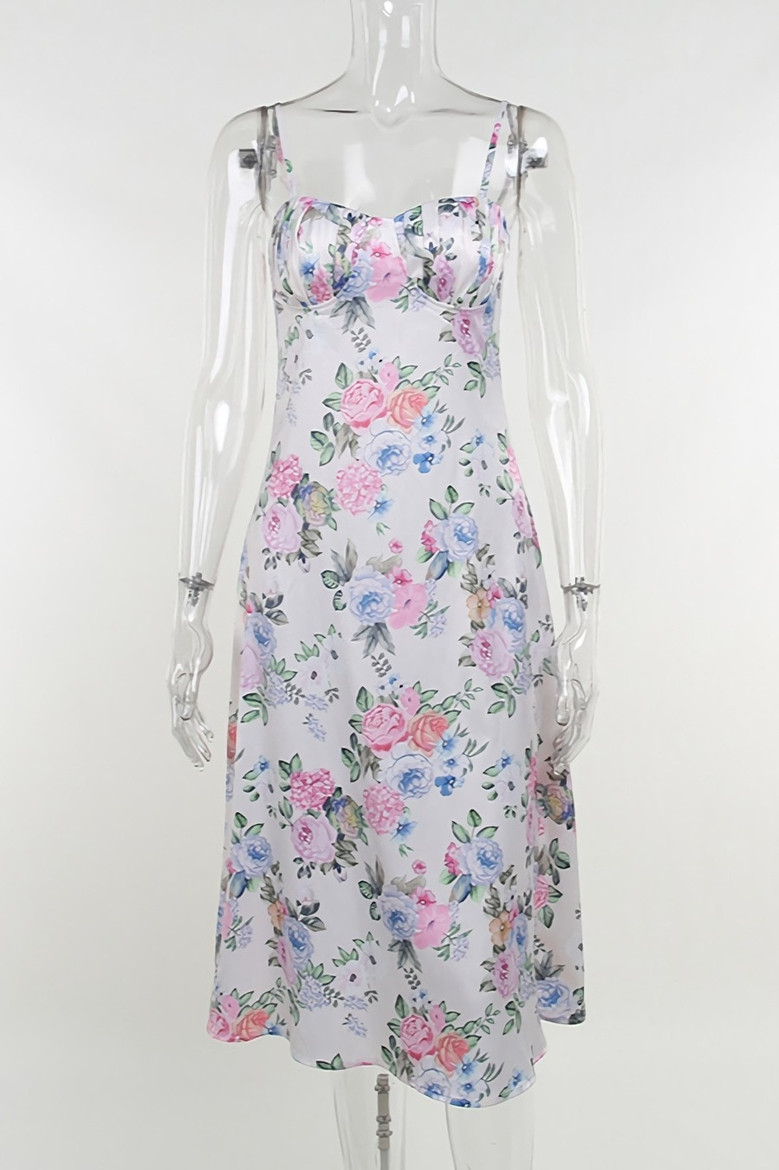 Summer New Sling Flower Batch Printing Zip-Up Pleated Slim Micro-Elastic Sexy Midi Dress