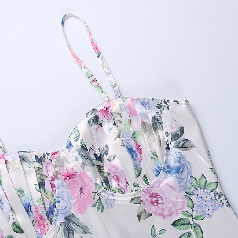 Summer New Sling Flower Batch Printing Zip-Up Pleated Slim Micro-Elastic Sexy Midi Dress