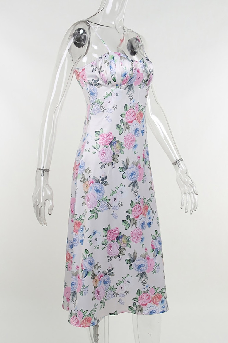 Summer New Sling Flower Batch Printing Zip-Up Pleated Slim Micro-Elastic Sexy Midi Dress