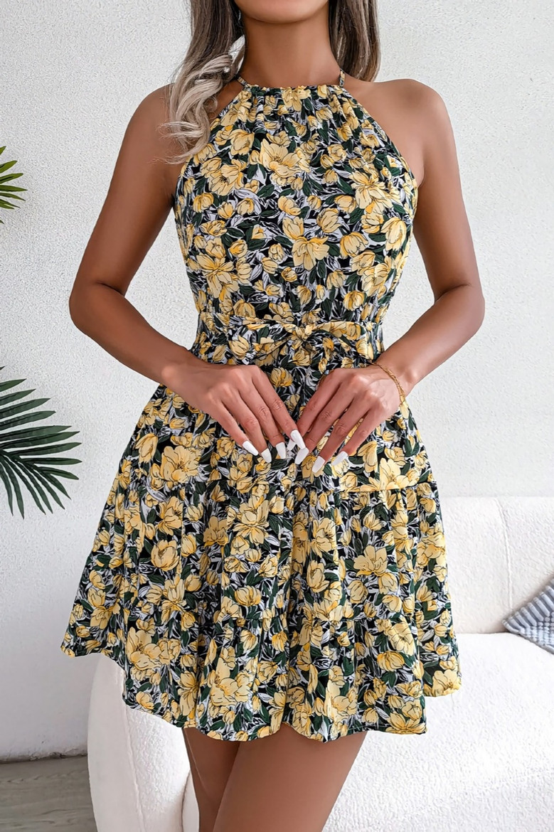Summer New Stylish 3 Colors Floral Batch Printing Inelastic Sleeveless Ruffle Casual Mini Dress