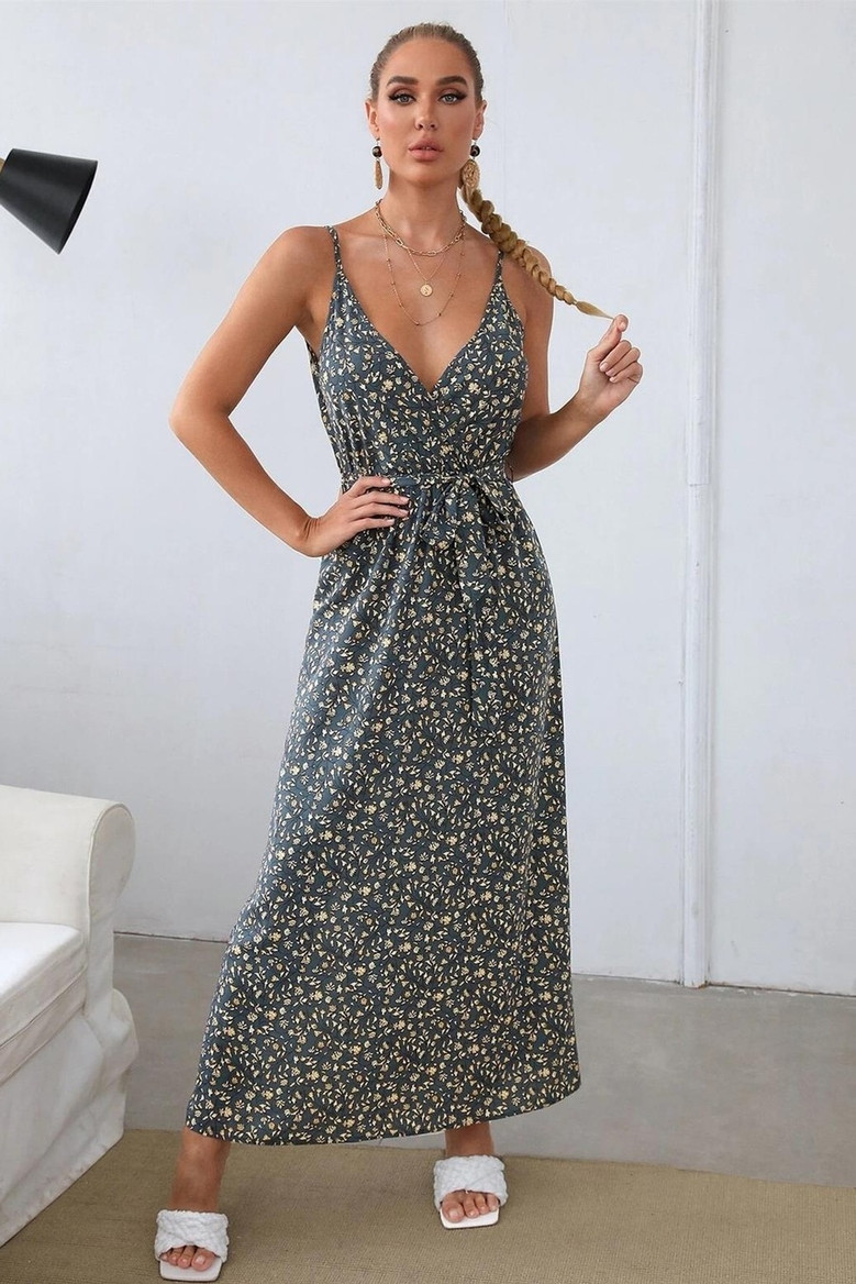 Summer New Stylish 3 Colors Floral Batch Printing Inelastic Split Backless Casual Maxi Dress With Belt
