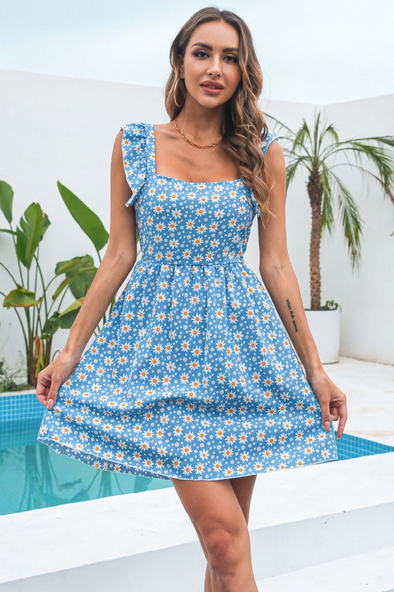 Summer New Stylish 3 Colors Flower Batch Printing Inelastic Ruffle Backless Lace-Up Hollow Sexy Mini Dress