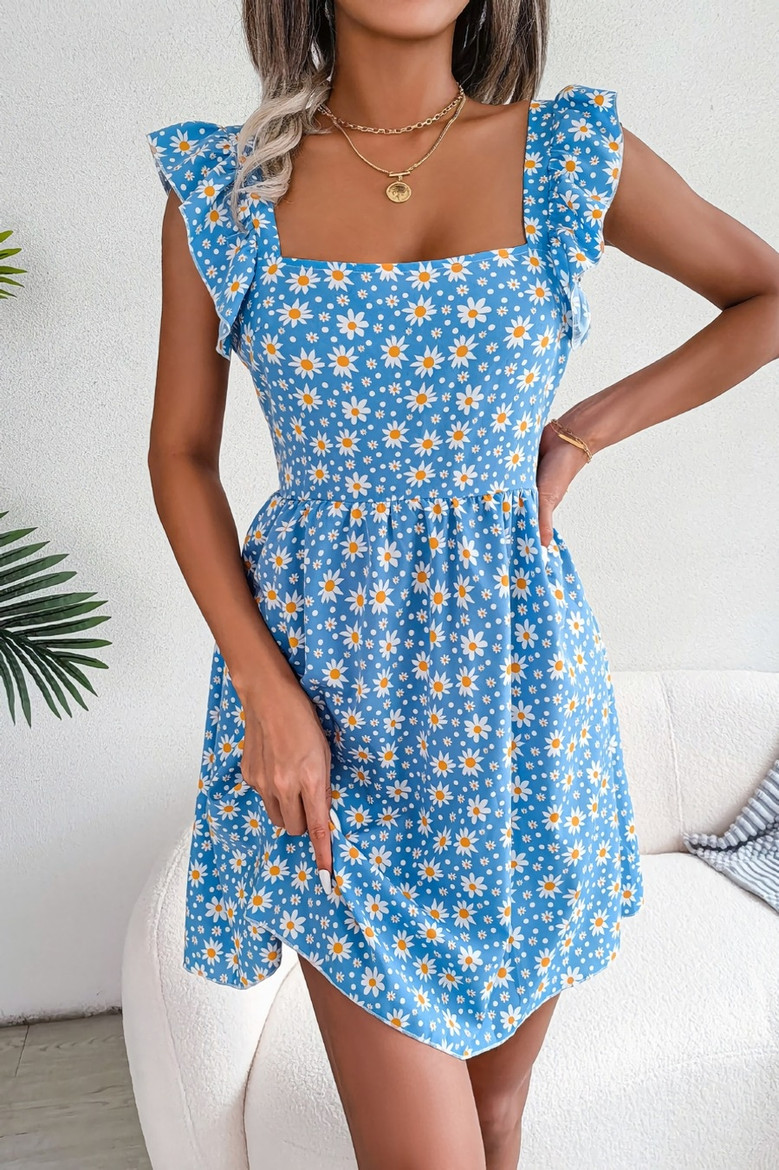 Summer New Stylish 3 Colors Inelastic Daisy Batch Printing Square Neckline Ruffle Sexy Mini Dress