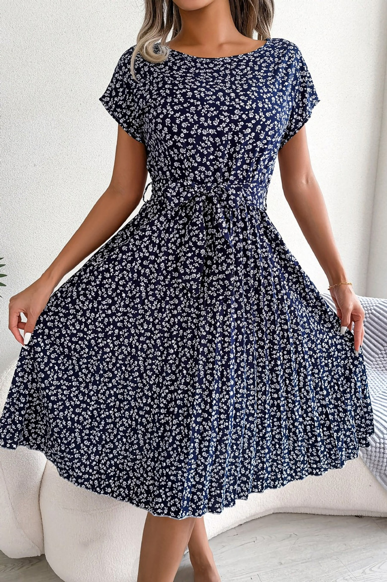 Summer New Stylish 3 Colors Inelastic Floral Batch Printing Short Sleeves With Belt Pleated Casual Midi Dress
