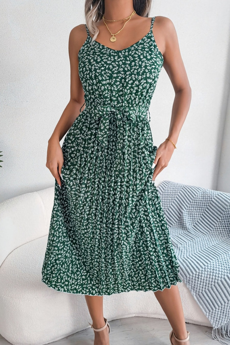 Summer New Stylish 3 Colors Inelastic Floral Batch Printing Sling Backless Pleated With Belt Casual Midi Dress