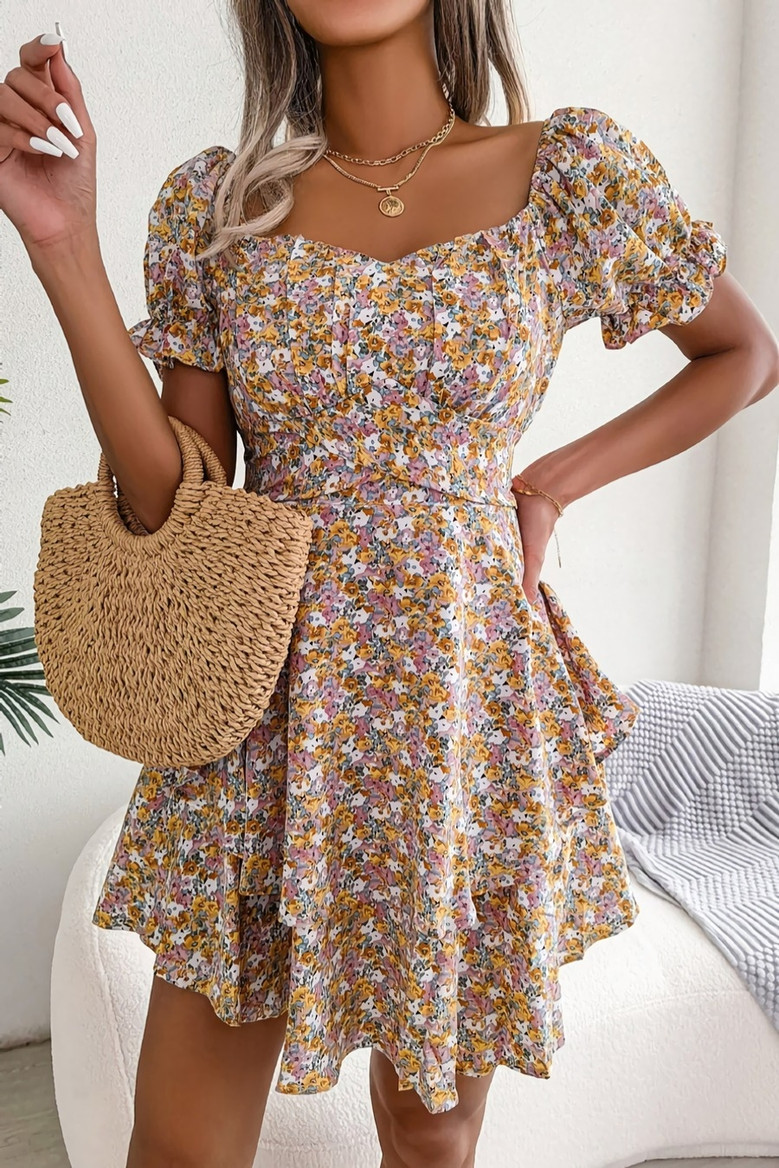 Summer New Stylish 3 Colors Inelastic Floral Batch Printing Square Neckline Lace-Up Ruffle Casual Mini Dress