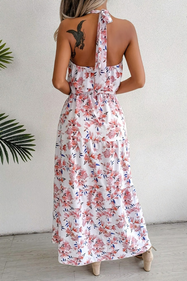 Summer New Stylish 3 Colors Micro Elastic Floral Batch Printing Halter-Neck Lace-Up Backless With Belt Sexy Maxi Dress