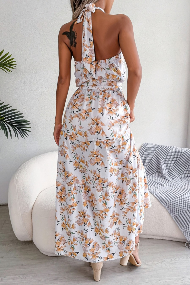 Summer New Stylish 3 Colors Micro Elastic Floral Batch Printing Halter-Neck Lace-Up Backless With Belt Sexy Maxi Dress